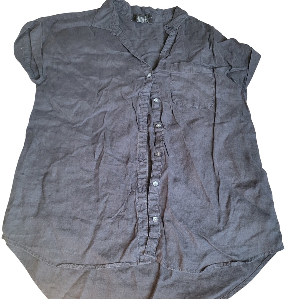 Tahari Women Button Down Shirt Large Grey 100% Linen Short Sleeve Casual Top